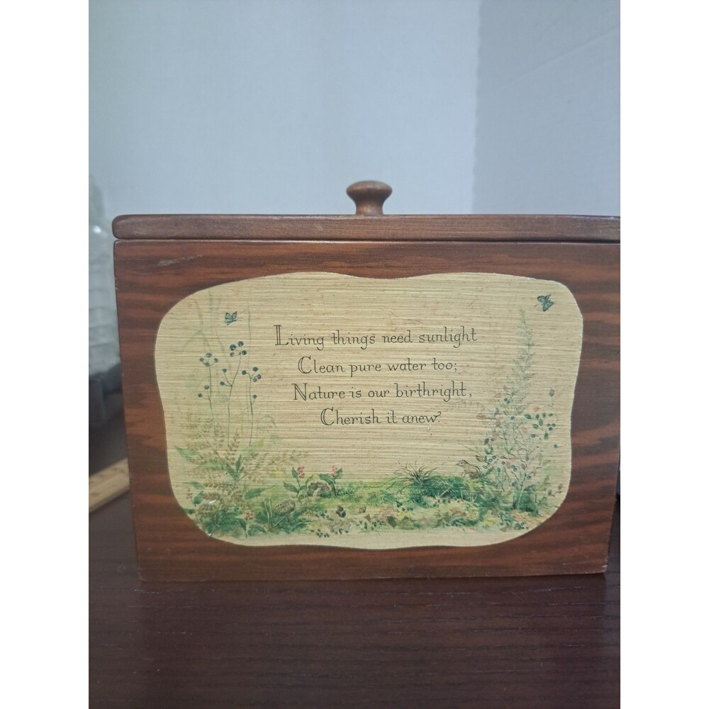 Vintage Wooden Recipe Box With Decoupaged Floral Living Things Poem